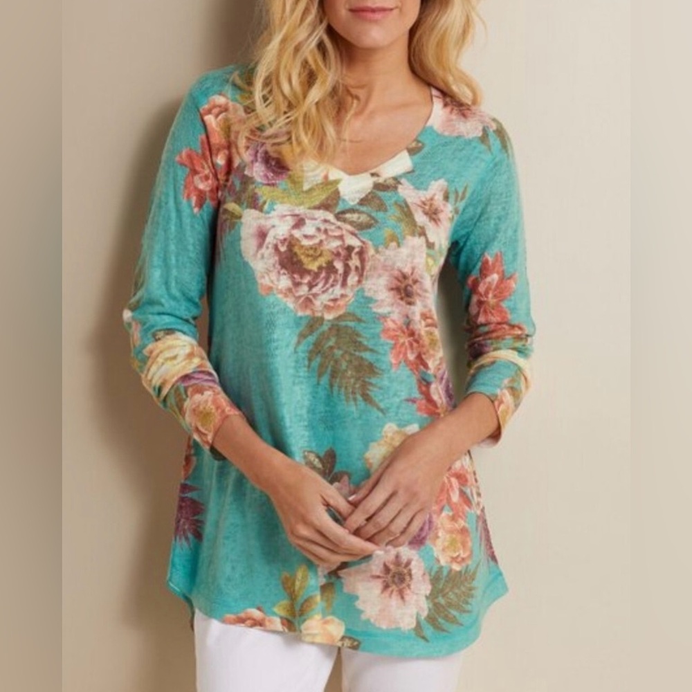 Soft Surroundings Midnight Blooms Lightweight Teal Floral V-Neck Tunic Sweater M